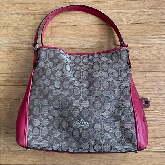 Coach Shoulder Bag.  Canvas & Red Leather. - Picture 1 of 12